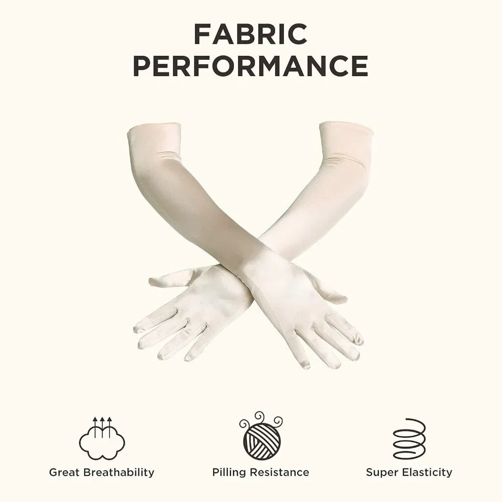 Women's Champagne Vintage Satin Long Gloves Party Costume Stretchy Elbow Length